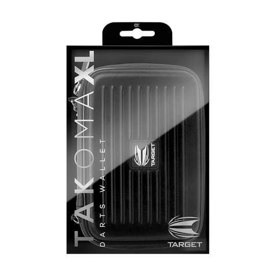 125828_Target_Takoma_XL_Dartwallet_Schwarz_3 Das Bild zeigt das Produkt "Target Takoma XL Dartwallet" in seiner Verpackung. Die Darttasche ist schwarz und hat ein modernes, geriffeltes Design mit dem Target-Logo auf der Vorderseite.