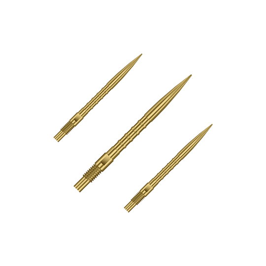 Špičky na šipky Harrows Quick Point Heavy Metal - zlaté Abgebildet sind goldene Dartspitzen mit 26mm Länge, dargestellt als ein Set. Es handelt sich um Harrows Quick Point Heavy Metal Grip Dartspitzen Gold 26mm im Set.