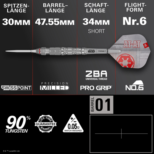 Ocelové šipky Target Star Wars AT-AT Swiss Point Das Bild zeigt die Target Star Wars AT-AT Swiss Point Steeldarts. Es handelt sich um hochwertige Steeldarts im Stil des Star Wars AT-AT.