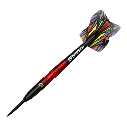 Ocelové šipky GOAT Athlete Red Brass - 11g Dies ist der GOAT Athlete Red Brass Steeldart mit einem Gewicht von 11g. Er hat ein auffälliges, bunt gemustertes Flight-Design und einen roten Griffbereich.