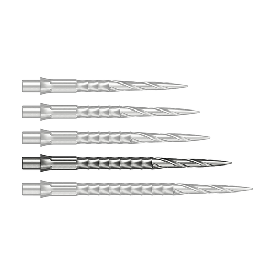 Dieses Bild zeigt eine silberne Steeldartspitze mit einer Länge von 36 mm. Die Spitze gehört zum Caliburn Evo System und ist vom Typ Spiro NoLip.