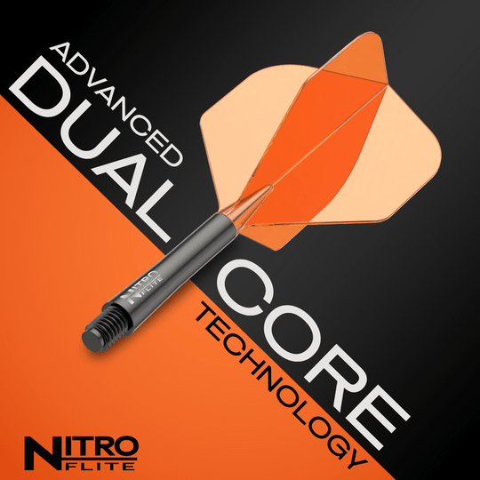 Letky Red Dragon Nitrofile Black Shaft Orange No2 Das Bild zeigt das Produkt Red Dragon Nitroflite Black Shaft Orange Flights No2. Der Dart besitzt einen schwarzen Schaft und auffällige orange Flights.
