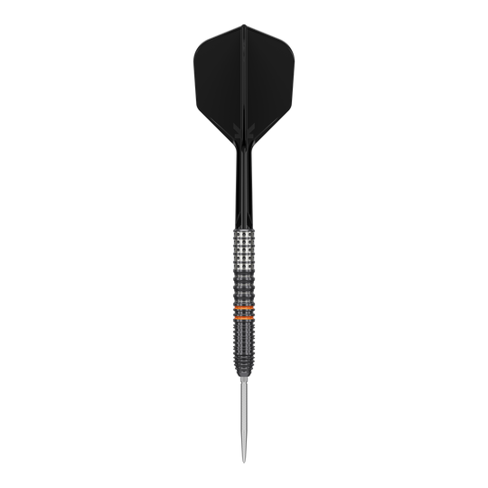 Das Bild zeigt einen eleganten Steeldart mit schwarzem Flight und fein geriffeltem Griff. Es handelt sich um das Modell "Target Japan Black Marque Morpheus GEN2 Steeldarts".