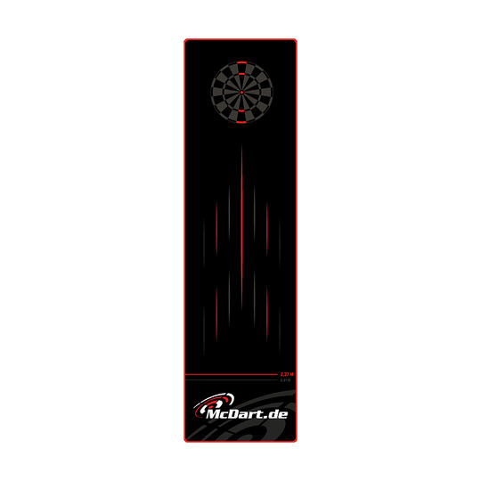 McDart Tops Dartteppich Das Bild zeigt den McDart Tops Dartteppich mit einem schwarzen Design und roten Akzenten. Oben ist eine Dartscheibe abgebildet und unten befindet sich das McDart.de-Logo.