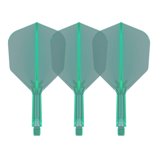Letový systém Target K-Flex No6 - zelený Auf dem Bild sind drei grüne Dartflights mit integriertem Schaft zu sehen. Sie stehen nebeneinander und haben eine transparente Optik.