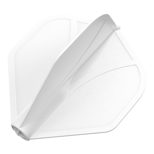 Standardní letky Shot Airfoil Molded No2 Das Bild zeigt eine weiße Dart-Flugfeder in Standardform. Die Oberfläche wirkt strukturiert und leicht glänzend.