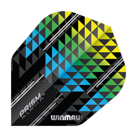 Das Bild zeigt einen Winmau Prism Alpha Flight in den Farben Blau, Grün und Gelb mit geometrischem Dreiecksmuster. Auf dem Flight stehen die Aufschriften „PRISM ALPHA“ und „WINMAU“.