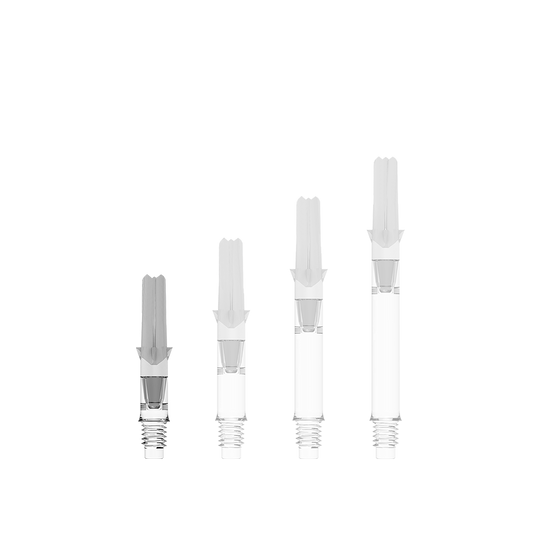 Ein transparentes, gerades L-Shaft ohne Kappen, 26mm, ist abgebildet. Dies ist ein Teil für Dartpfeile.