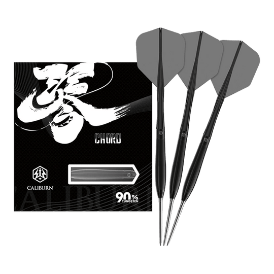 Abgebildet sind die Caliburn Chord C3 Steeldarts mit 22,5 Gramm in voller Ansicht. Diese Darts bieten eine gute Balance und Kontrolle.