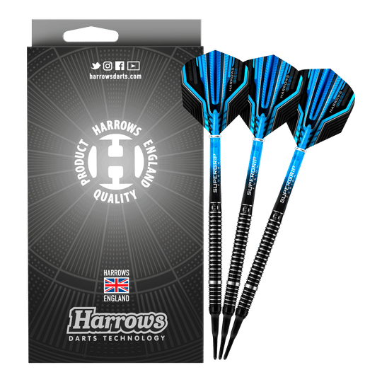 Harrows Siege Softdarts Das Bild zeigt eine Packung Harrows Siege Softdarts mit drei blauen und schwarzen Darts. Auf der Verpackung steht "Harrows Darts Technology" und ein Qualitätssiegel aus England.