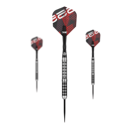 Ocelové šipky Niels Zonneveld V2 Das Bild zeigt drei Steeldarts des Modells "Shot Niels Zonneveld V2". Die Darts haben silber-schwarze Spitzen und Schäfte sowie rote und schwarze Flights mit Muster.