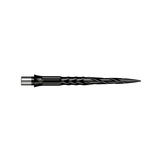 Das Bild zeigt Steeldartspitzen aus der Datei 'EVO007_Caliburn_Evo_System_Steeldartspitzen_Spiro_NoLip_Black_28mm_2_(1)'. Zwei schwarze, strukturierte Dartspitzen sind nebeneinander abgebildet.