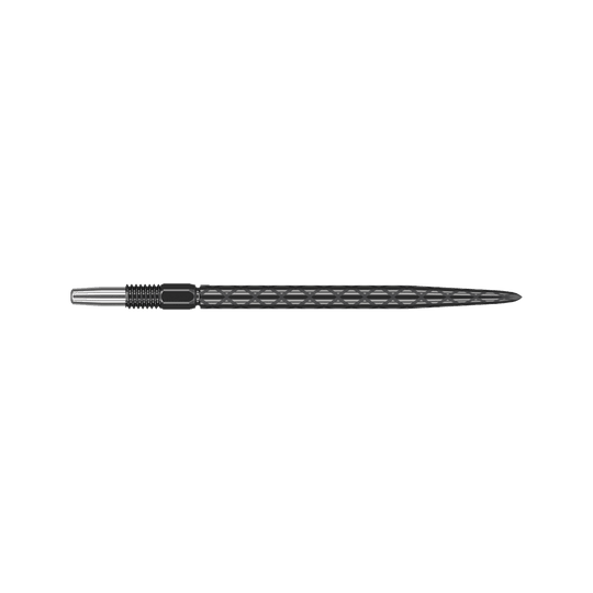 Zaměřte hroty šipek Swiss Diamond Pro Black Points Das Bild zeigt eine schwarze Dartspitze mit rautenförmiger Struktur. Sie ist lang und schmal mit einem silbernen Gewinde am Ende.