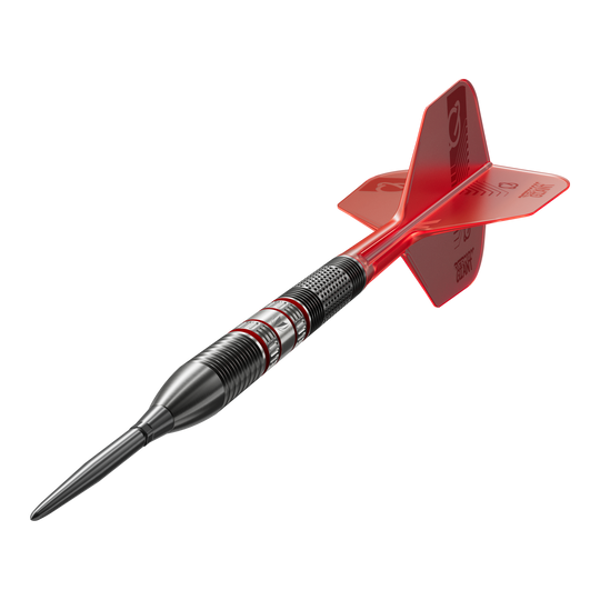 Šipky Target Gabriel Clemens 95K Swiss Point Steel Das Bild zeigt einen Target Gabriel Clemens 95K Swiss Point Steeldart. Der Dart hat ein schwarzes Barrel mit roten Akzenten und rote Flights.