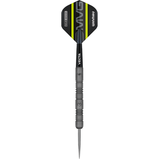 1468_Winmau_Michael_Van_Gerwen_Exact_Steeldarts_12rqCCLPjfpflh Das Bild zeigt einen Winmau Michael Van Gerwen Exact Steeldart. Der Dartpfeil hat ein schwarzes und grünes Design mit dem Schriftzug "MVG" auf dem Flight.