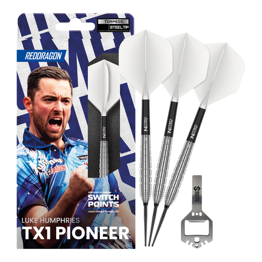 Šipky Red Dragon Luke Humphries TX1 Pioneer Switch Point ocelové Dieses Bild zeigt die Red Dragon Luke Humphries TX1 Pioneer Switch Point Steeldarts in voller Ansicht. Die Darts sind für Präzision und hohe Leistung bekannt.