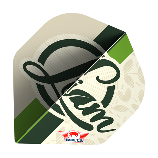 Das Bild zeigt ein Dart Flight mit dem Schriftzug "Liam" und einem klassischen Design in Grün- und Beigetönen. Unten ist das Logo von BULL'S zu sehen.