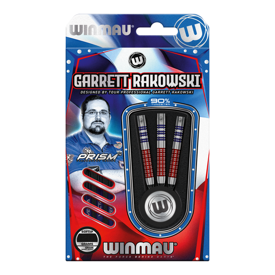 Winmau Garrett Rakowski měkké šipky - 20g Auf dem Bild ist eine Verpackung der "Winmau Garrett Rakowski Softdarts - 20g" zu sehen. Die Verpackung zeigt die Darts sowie ein Bild von Garrett Rakowski und ist in Blau, Rot und Weiß gestaltet.