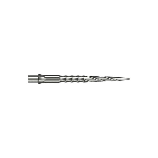 Ocelové hroty na šipky Caliburn System - Spiro - NoLip - stříbrné Zwei silberne Steeldartspitzen sind abgebildet. Die Spitzen sind 30 mm lang und haben ein Spiro NoLip Design.