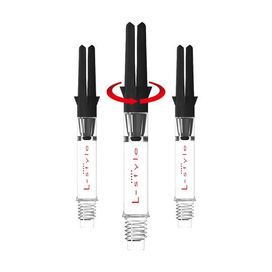 Das Bild zeigt ein Set von L-Style L-Shaft Carbon Silent Straight Clear Schäften ohne Kappen. Die Schäften bestehen aus klarem Carbonmaterial.
