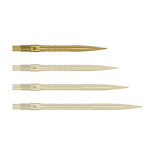 Špičky na šipky Harrows Quick Point Heavy Metal - zlaté Das Bild zeigt Dartspitzen mit starkem Metallgriff in goldener Farbe und 26mm Länge. Das Produkt ist Harrows Quick Point Heavy Metal Grip Dartspitzen Gold 26mm.
