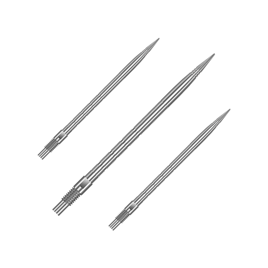 Špičky na šipky Harrows Quick Point Micro Ridge - stříbrné Das Bild zeigt QP28023 Harrows Quick Point MicroRidge Dartspitzen Silber 40mm 1Set. Es handelt sich um Ersatz-Dartspitzen für Darts in silberner Farbe.