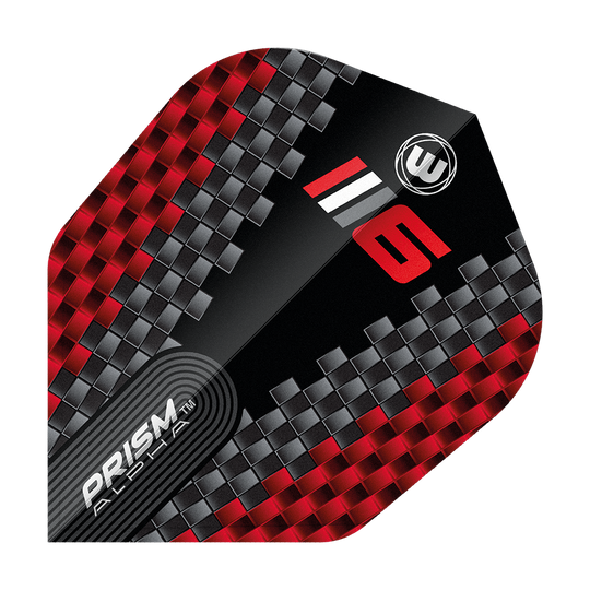 Letky Winmau Prism Alpha Blade 6 Chevron No6 Das Bild zeigt ein Dart-Flight mit einem modernen, roten und grauen Karomuster. Auf dem Flight stehen die Worte "PRISM ALPHA" sowie die Zahl "6" und das Winmau-Logo.