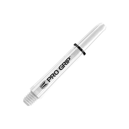 Target Pro Grip Shafts – 3 sady – White Dies ist ein weißer Dart-Schaft mit der Aufschrift "PRO GRIP". Er hat ein glattes Design und ist am oberen Ende mit einem schwarzen Ring versehen.