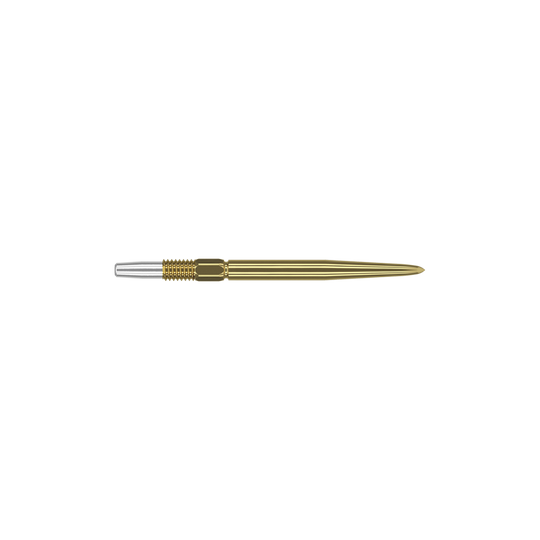 Zaměřte hroty šipek Swiss Point Gold Das Bild zeigt eine goldfarbene Dartspitze mit feinen Rillen. Links befindet sich ein silbernes Schraubgewinde zur Befestigung.
