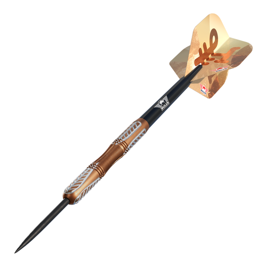 Bulls NL Bronzo True Steeldarts mit 23 Gramm Gewicht sind abgebildet. Das Bild zeigt Steeldarts mit typischem bronzefarbenem Design.