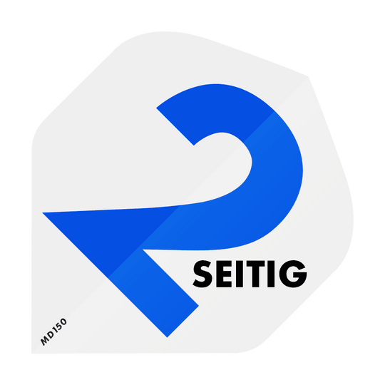Das Bild zeigt ein großes, blaues Symbol in Form einer umgekehrten "2" mit einem Pfeil. Daneben steht das Wort "SEITIG" in fetten, schwarzen Buchstaben.