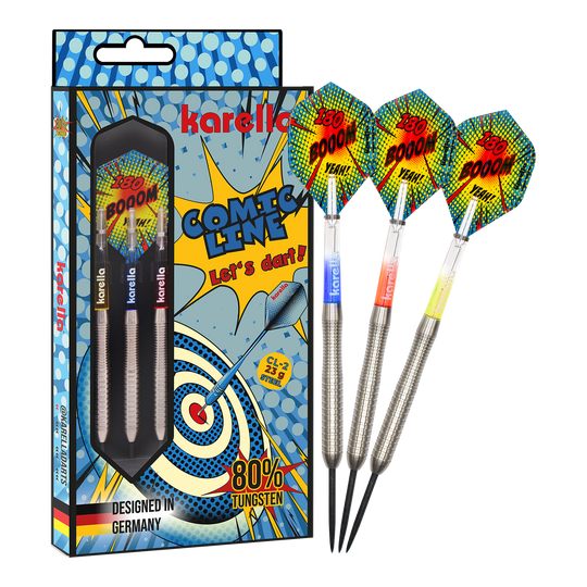Ocelové šipky Karella Comic Line CL-2 - 23g Zu sehen ist das vollständige Set der Karella Comic Line CL-2 Steeldarts in 23g. Die Steeldarts bieten eine gute Balance für ambitionierte Spieler.