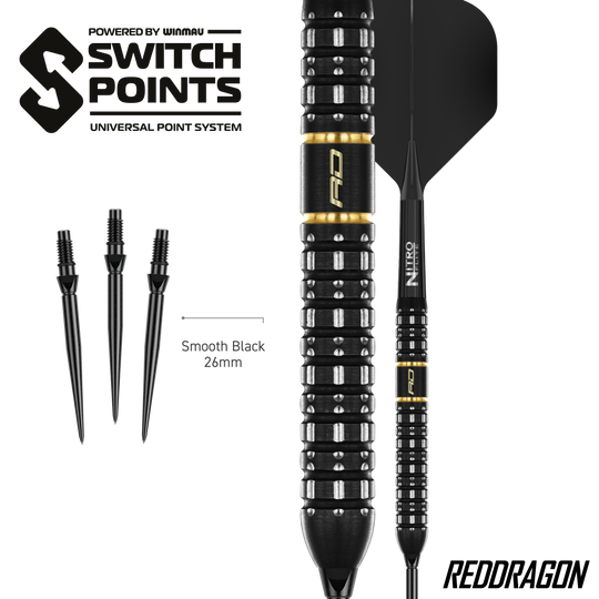 Ocelové šipky Red Dragon Ascend Parallel Switch Point Das Bild zeigt die Red Dragon Ascend Parallel Switch Point Steeldarts. Die Darts sind seitlich abgebildet und zeigen das spezielle Barrel-Design.