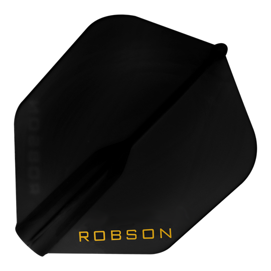 Lety Robson Plus – NO6 Auf dem Bild ist ein schwarzes Dart-Flight zu sehen. In einer Ecke steht das Wort "ROBSON" in gelber Schrift.