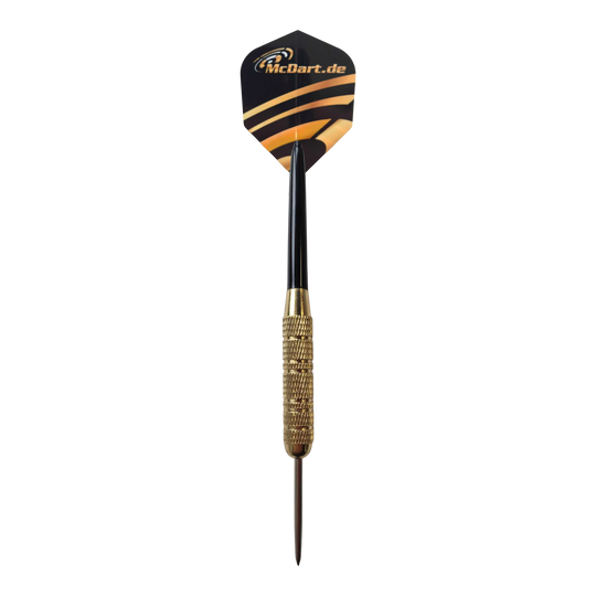 Dieses Bild zeigt das Produkt McDart Golden Star Steeldarts - 12 Darts mit einem Gewicht von 18 Gramm. Zu sehen sind mehrere goldene Steeldarts nebeneinander.