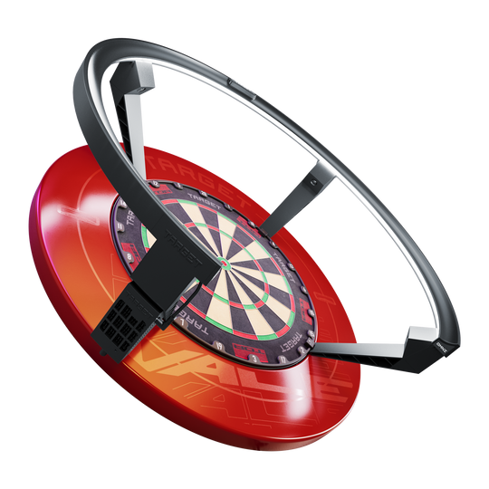 Systém automatického bodování Target OMNI Das Bild zeigt das Produkt "Target OMNI Auto-Scoring-System", ein innovatives automatisches Punktesystem für Dartscheiben. Es besteht aus einem roten Sockel, einer Dartscheibe und einem großen schwarzen Ring, der über der Scheibe angebracht ist.