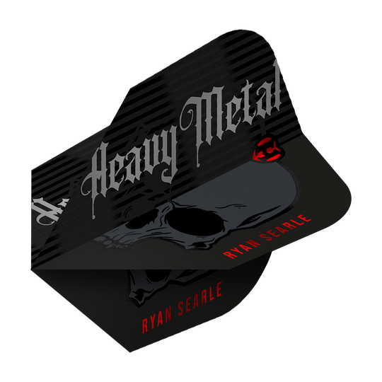 Harrow's Ryan Searle Heavy Metal Series 2 Lety Das Bild zeigt ein Dart-Flight mit der Aufschrift "Heavy Metal" und einem Totenkopf-Design. Unten steht in roten Buchstaben der Name "Ryan Searle".
