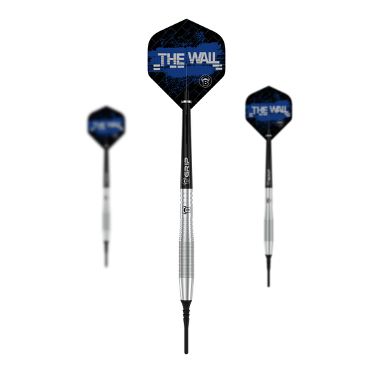 Das Bild zeigt drei Softdarts des Modells "Bulls Martin Schindler TW80" mit einem Gewicht von 18g. Die Flights der Darts sind schwarz-blau und tragen die Aufschrift "THE WALL".