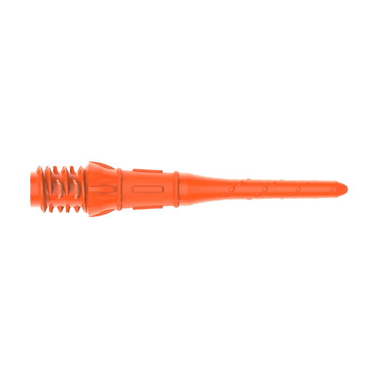 Das Bild zeigt eine orangefarbene Dartspitze aus Kunststoff. Sie hat ein Gewinde am einen Ende und ist am anderen Ende spitz zulaufend.