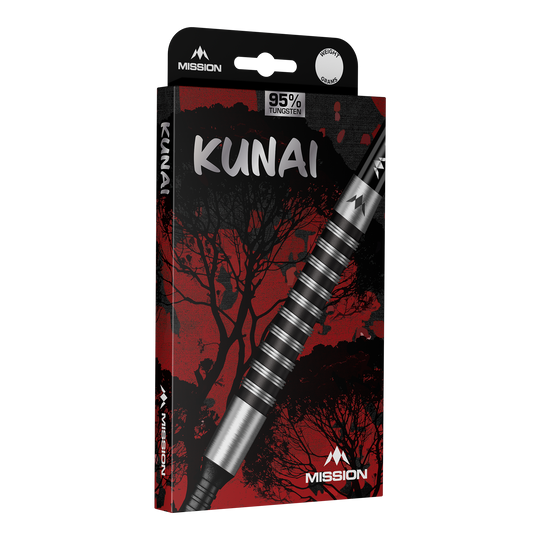 Hier wird Mission Kunai Black PVD Steeldarts - 23g dargestellt. Die Steeldarts bestehen aus schwarzem Material und wiegen 23 Gramm.