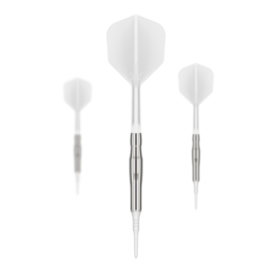 Měkké šipky Target Japan Crux Brave - 18,5 g Das Bild zeigt drei Softdarts des Produkts "Target Japan Crux Brave Softdarts - 18,5g". Die Darts haben silberne Schäfte und weiße Flights.