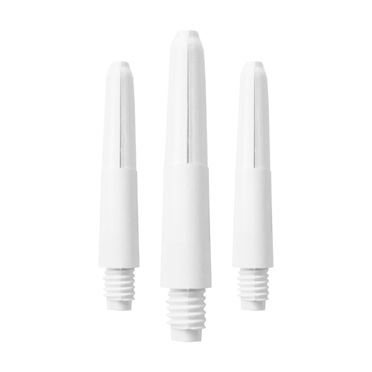 580_Nylon_Shafts_Schneeweiss_28mm_1TAbGTrpmPAx28 Das Bild zeigt drei weiße Nylon-Schäfte mit Schraubgewinde. Sie sind nebeneinander vor weißem Hintergrund angeordnet.