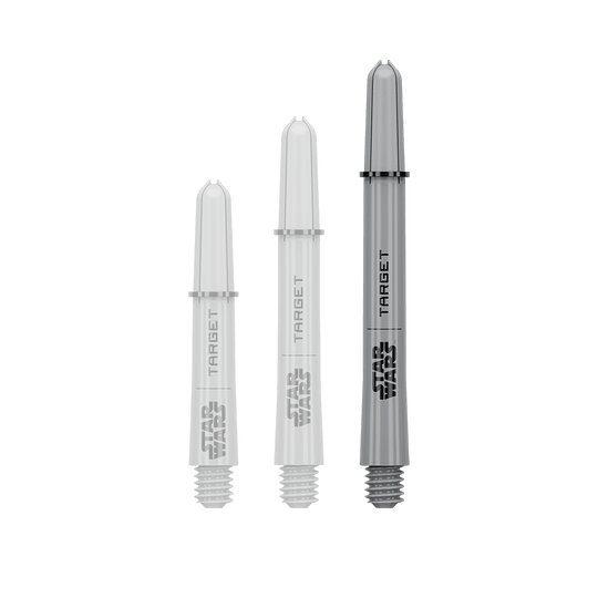 Násadky Target Star Wars ProGrip - šedé Das Bild zeigt ein Dart-Zubehör mit dem Dateinamen 380432_Target_StarWars_ProGrip_Shafts_Grau_Medium_48mm_1. Es handelt sich wahrscheinlich um einen einzelnen grauen Medium ProGrip Shaft von Star Wars mit 48mm Länge.