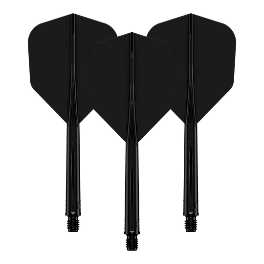 Systém letové hřídele Mission Force 90 No6 - černý Auf dem Bild sind drei schwarze Dartflights mit passenden Shafts zu sehen. Sie stehen nebeneinander und sind identisch gestaltet.