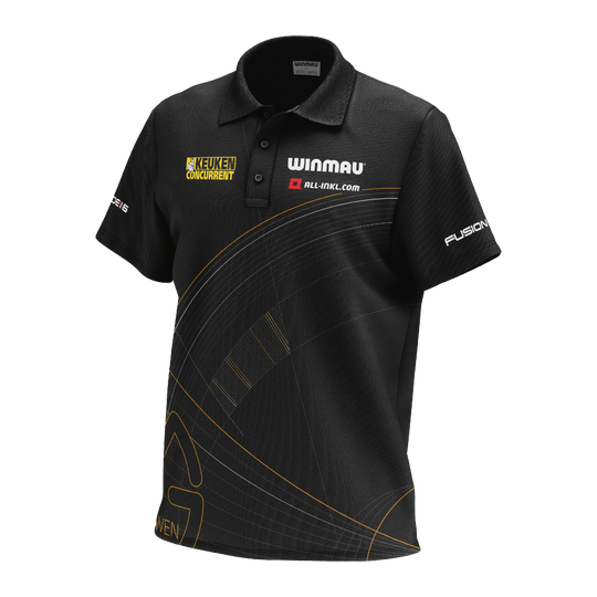 Das Bild zeigt das "Winmau Limited Edition Tour Polo Dartshirt" in Schwarz mit gelben und weißen Logos. Das Shirt hat kurze Ärmel, einen Kragen und ein modernes Linienmuster auf der Vorderseite.