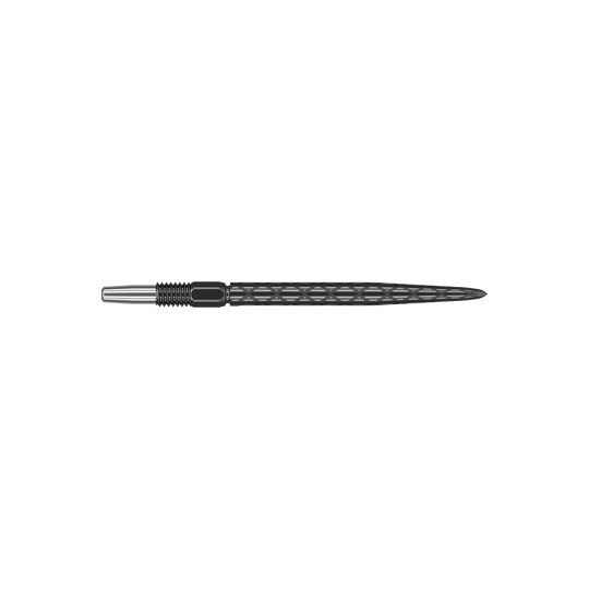 Zaměřte hroty šipek Swiss Diamond Pro Black Points Das Bild zeigt eine schwarze Dartspitze mit einem rautenförmigen Muster. Sie ist schlank und hat ein Schraubgewinde am hinteren Ende.