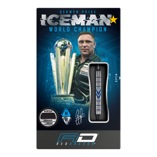 Šipky Red Dragon Gerwyn Price Iceman Midnight Edition měkké - 20g Die Verpackung zeigt die Red Dragon Gerwyn Price Iceman Midnight Edition Softdarts mit einem Gewicht von 20g. Auf der Vorderseite sind ein Bild von Gerwyn Price und ein Dartpfeil abgebildet.