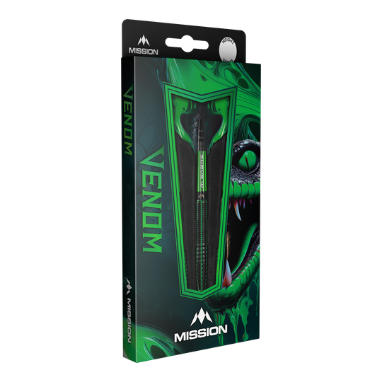 Ocelové šipky Mission Venom Die Abbildung zeigt eine Packung der "Mission Venom Steeldarts". Die Verpackung ist hauptsächlich grün und schwarz gestaltet und zeigt ein auffälliges Schlangendesign.