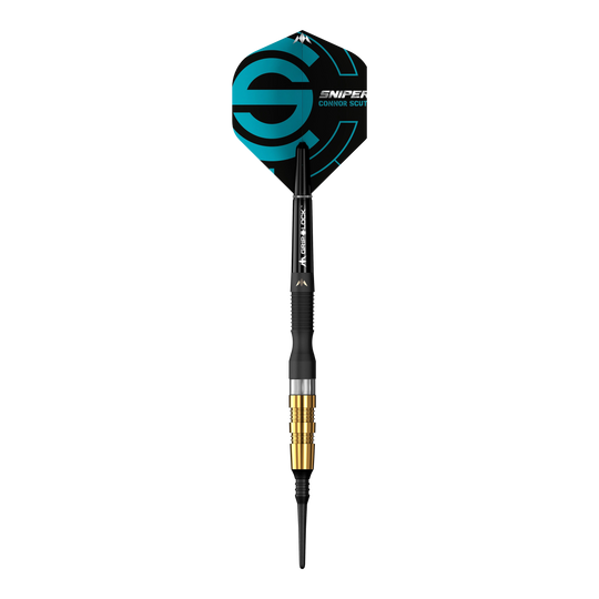Das Bild zeigt einen Mission Connor Scutt Sniper Black Gold Softdart mit einem Gewicht von 20 Gramm. Der Dart hat schwarze und goldene Akzente sowie eine Flight mit einem blauen Design.