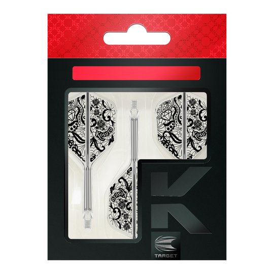 Das Bild zeigt die Verpackung des Produkts "Target Japan K-Flex Diamond No6 Flight-Shaft-System". Zu sehen sind drei transparente Dartschäfte mit weißen Flights, die ein detailliertes, schwarzes Muster haben.